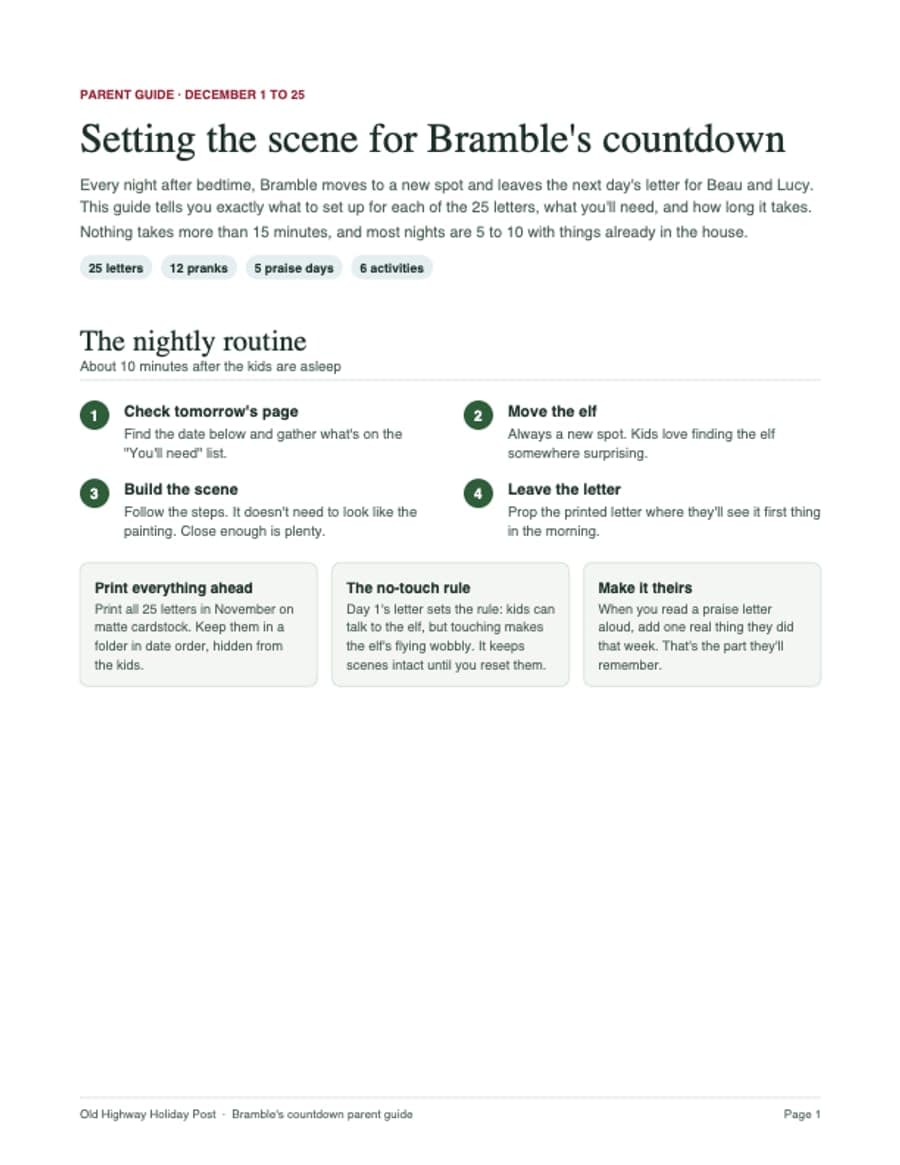 The first page of the parent guide: setting the scene for Bramble’s countdown and the four-step nightly routine.