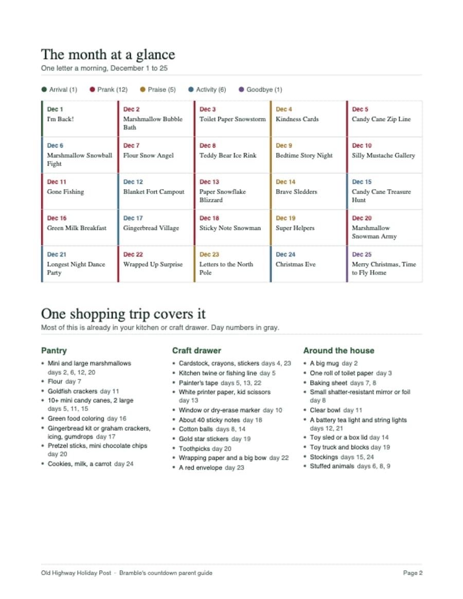The month-at-a-glance calendar and the shopping list page from the parent guide.
