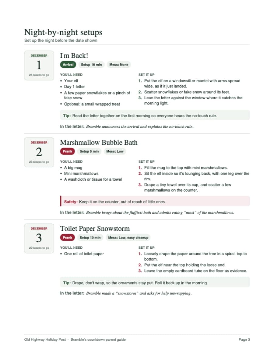 A night-by-night page from the parent guide: December 1, I'm Back, with a 10 minute setup, the supply list and three steps.