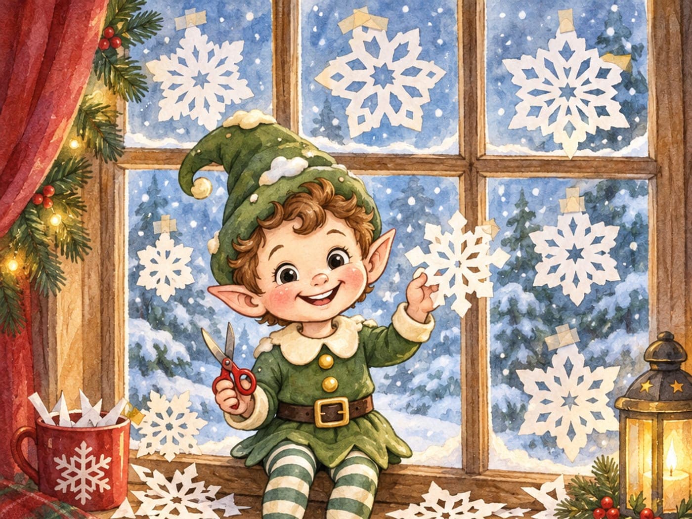 Watercolor of a small elf in a green cap sitting on a snowy windowsill, holding scissors and a paper snowflake.